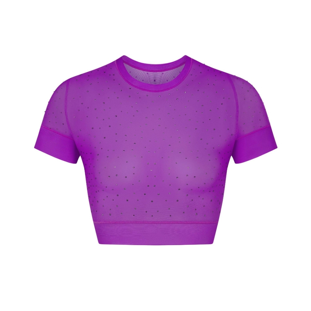 NWT SKIMS MESH RHINESTONE COVER UP T-SHIRT IN VIOLET